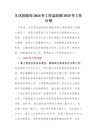 X区医保局2024年工作总结和2025年工作计划