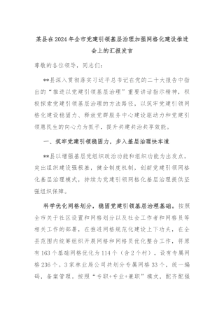 某县在2024年全市党建引领基层治理加强网格化建设推进会上的汇报发言