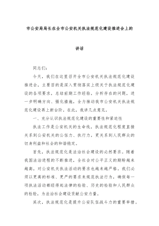 市公安局局长在全市公安机关执法规范化建设推进会上的讲话