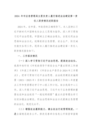 2024 年市应急管理局主要负责人履行推进法治建设第一责任人职责情况述职报告
