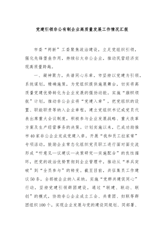 党建引领非公有制企业高质量发展工作情况汇报