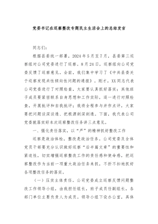 党委书记在巡察整改专题民主生活会上的总结发言