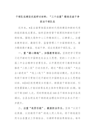 干部队伍建设交流研讨材料：“三个注重”锻造忠诚干净担当干部队伍