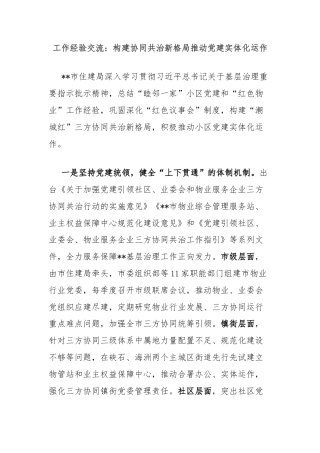 工作经验交流：构建协同共治新格局推动党建实体化运作