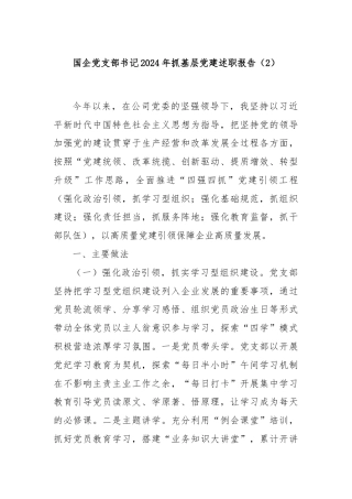 国企党支部书记2024年抓基层党建述职报告（2）