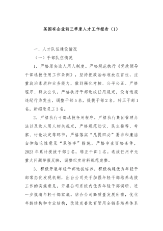 某国有企业前三季度人才工作报告（1）