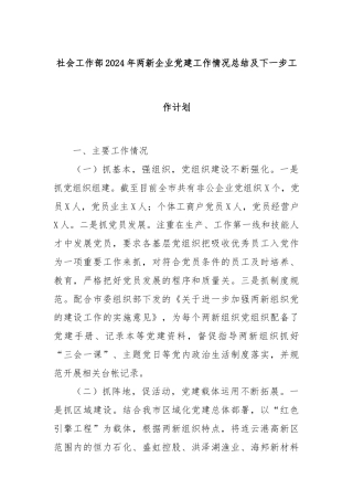 社会工作部2024年两新企业党建工作情况总结及下一步工作计划