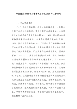 市国资委2024年工作情况总结及2025年工作计划