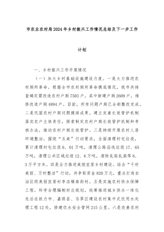 市农业农村局2024年乡村振兴工作情况总结及下一步工作计划
