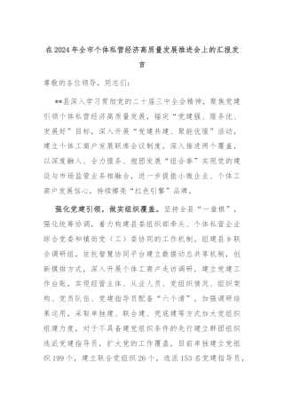在2024年全市个体私营经济高质量发展推进会上的汇报发言
