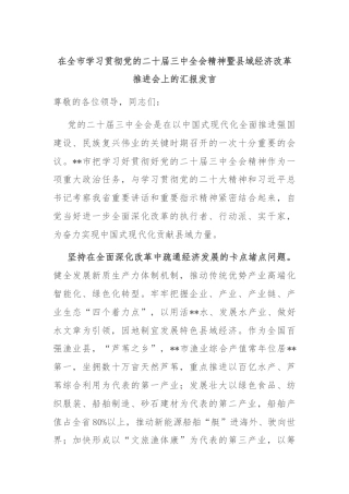 在全市学习贯彻党的二十届三中全会精神暨县域经济改革推进会上的汇报发言