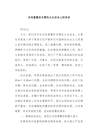 在巡察整改专题民主生活会上的讲话