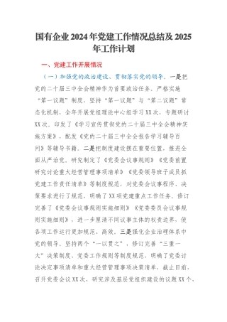 国有企业2024年党建工作情况总结及2025年工作计划
