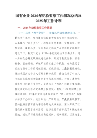国有企业2024年纪检监察工作情况总结及2025年工作计划