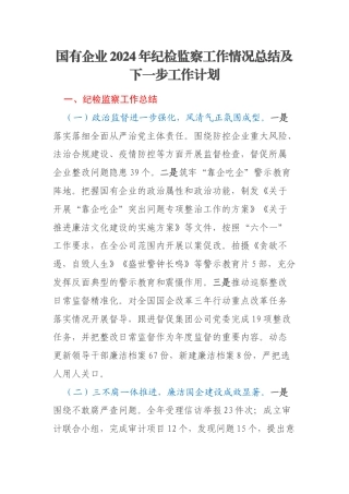 国有企业2024年纪检监察工作情况总结及下一步工作计划