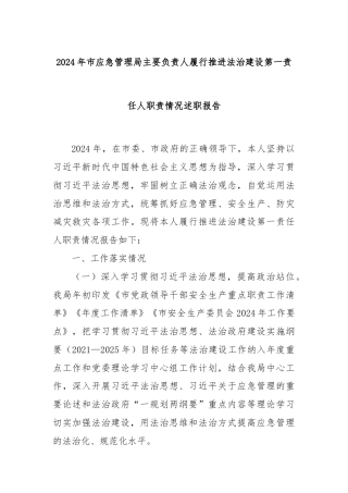 2024年市应急管理局主要负责人履行推进法治建设第一责任人职责情况述职报告