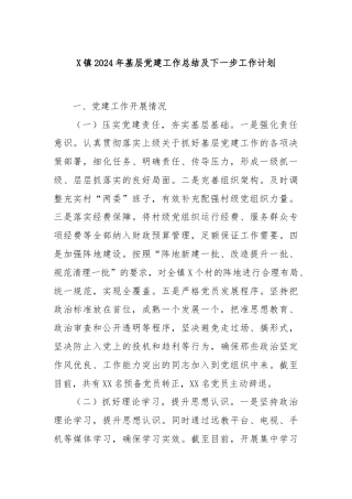 X镇2024年基层党建工作总结及下一步工作计划