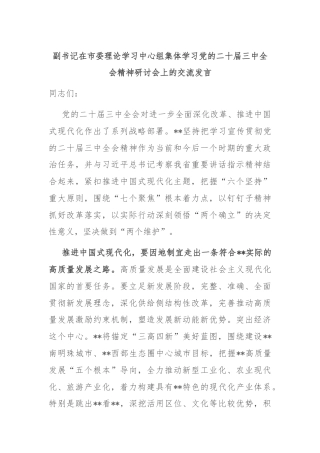 副书记在市委理论学习中心组集体学习党的二十届三中全会精神研讨会上的交流发言