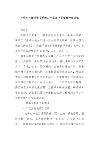 关于乡村振兴学习党的二十届三中全会精神宣讲稿
