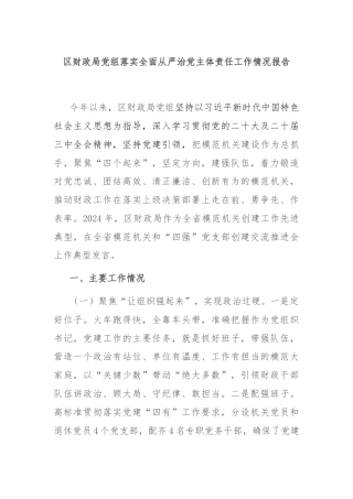 区财政局党组落实全面从严治党主体责任工作情况报告
