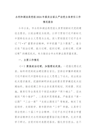 水利和湖泊局党组2024年落实全面从严治党主体责任工作情况报告