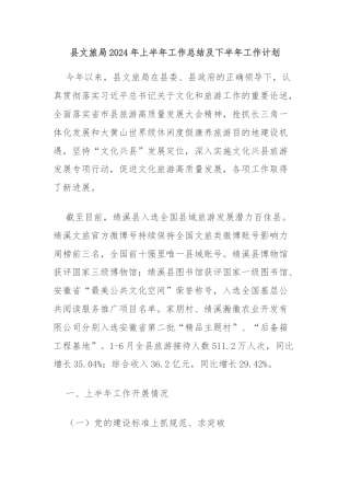 县文旅局2024年上半年工作总结及下半年工作计划