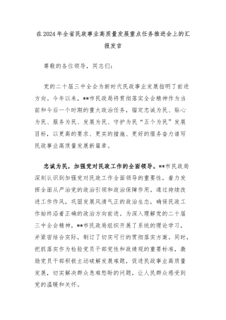 在2024年全省民政事业高质量发展重点任务推进会上的汇报发言