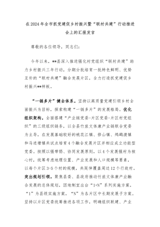 在2024年全市抓党建促乡村振兴暨“联村共建”行动推进会上的汇报发言