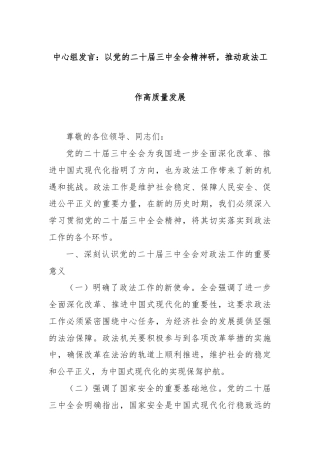中心组发言：以党的二十届三中全会精神研，推动政法工作高质量发展