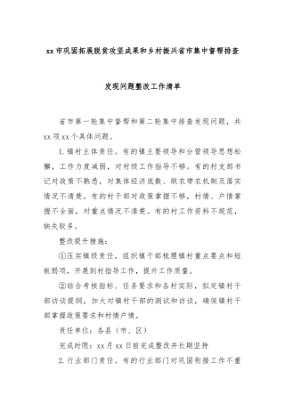 xx市巩固拓展脱贫攻坚成果和乡村振兴省市集中督帮排查发现问题整改工作清单