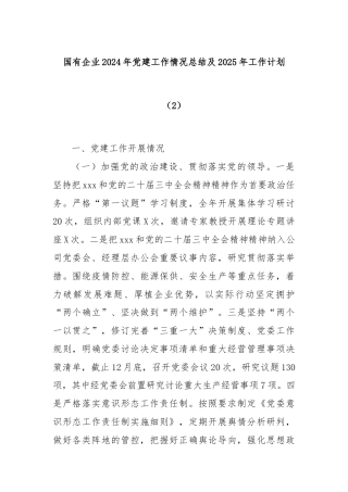 国有企业2024年党建工作情况总结及2025年工作计划（2）