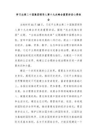 学习出席二十国集团领导人第十九次峰会重要讲话心得体会