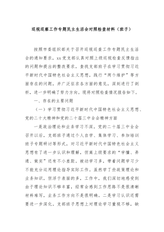 巡视巡察工作专题民主生活会对照检查材料（班子）