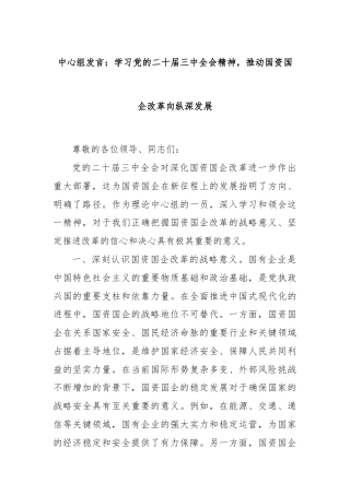 中心组发言：学习党的二十届三中全会精神，推动国资国企改革向纵深发展