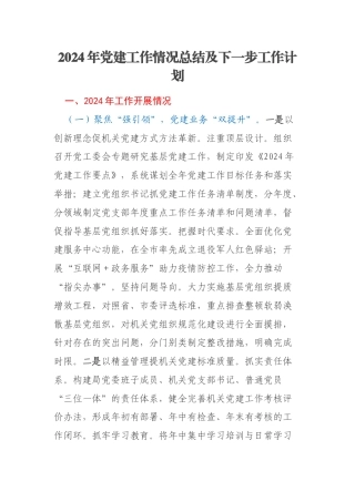 2024年党建工作情况总结及下一步工作计划