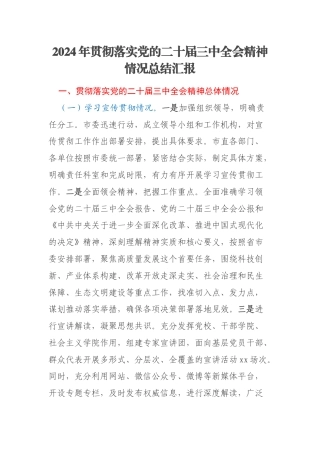 2024年贯彻落实党的二十届三中全会精神情况总结汇报
