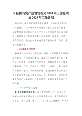 X区国有资产监督管理局2024年工作总结及2025年工作计划