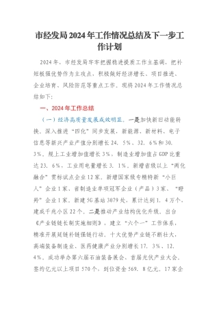 市经发局2024年工作情况总结及下一步工作计划