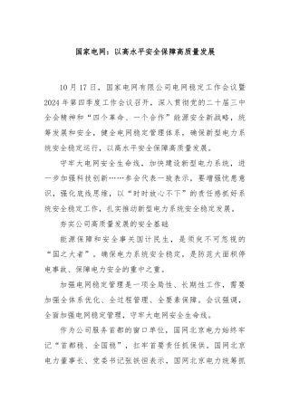 国家电网：以高水平安全保障高质量发展