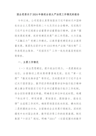 国企党委关于2024年推进全面从严治党工作情况的报告