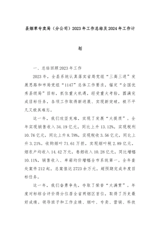 县烟草专卖局（分公司）2023年工作总结及2024年工作计划