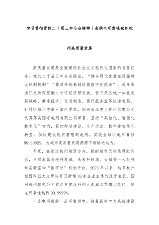 学习贯彻党的二十届三中全会精神｜高供电可靠性赋能杭州高质量发展