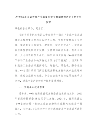 在2024年全省传统产业转型升级专题调度推进会上的汇报发言