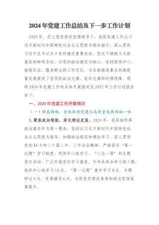 2024年党建工作总结及下一步工作计划