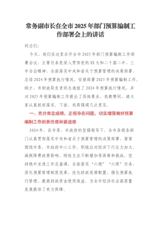 常务副市长在全市2025年部门预算编制工作部署会上的讲话