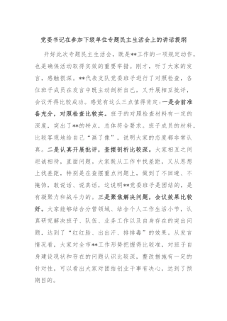 党委书记在参加下级单位专题民主生活会上的讲话提纲