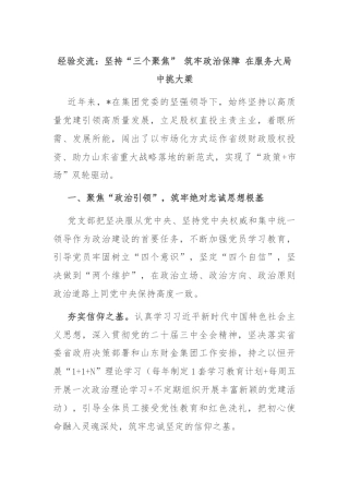 经验交流：坚持“三个聚焦” 筑牢政治保障 在服务大局中挑大梁