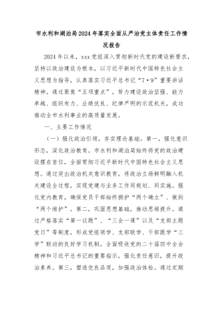 市水利和湖泊局2024年落实全面从严治党主体责任工作情况报告
