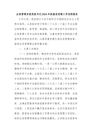 应急管理系统党组书记2024年抓基层党建工作述职报告