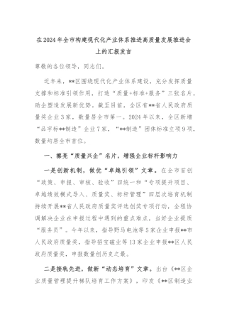 在2024年​全市构建现代化产业体系推进高质量发展推进会上的汇报发言